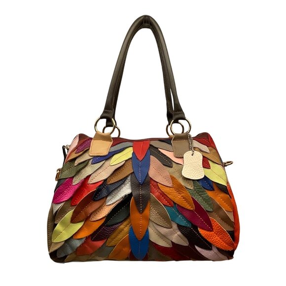 Handcrafted Multicolored Leather Patchwork With Dual Handles Crossbody Bag - Picture 1 of 9